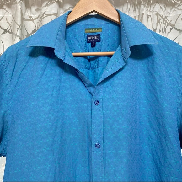 Authentic KENZO HOMME Slim Fit blue print collar button up short sleeve shirt - Picture 2 of 11